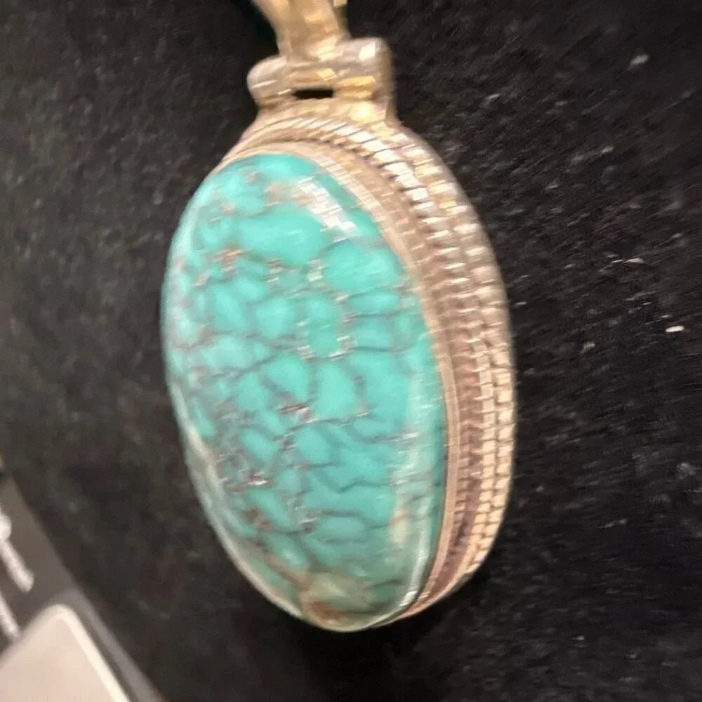 Sterling Silver Spiderweb Turquoise Pendant Large Oval Blue Stone Statement 12.6